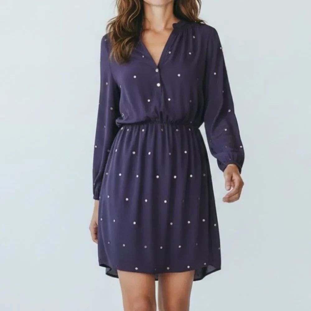 Lilly Pulitzer 100% Silk Navy Blue Split Neck Long Sleeve Flowy Dress in Size S